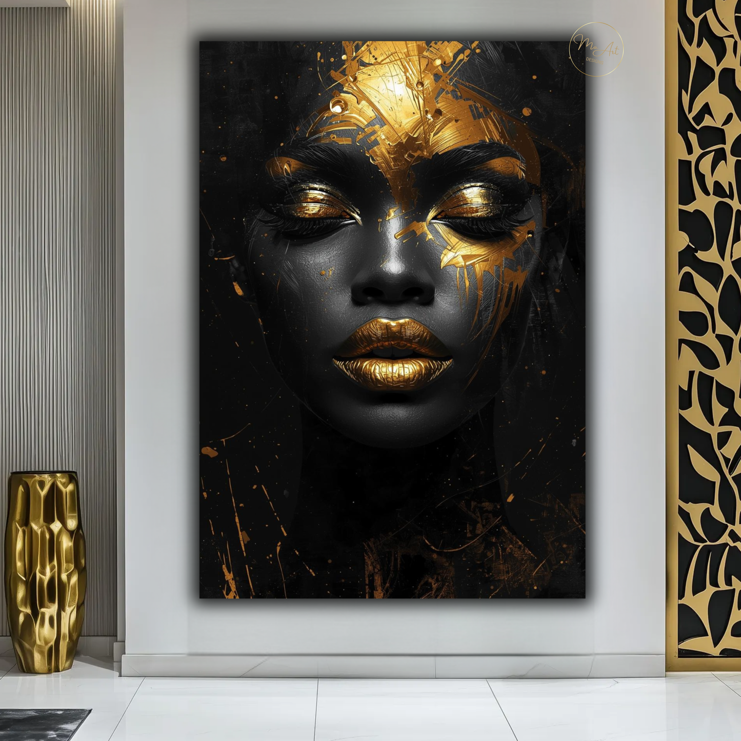 Black Woman Wall Art – Afrocentric Black & Gold Abstract Portrait Canvas Print