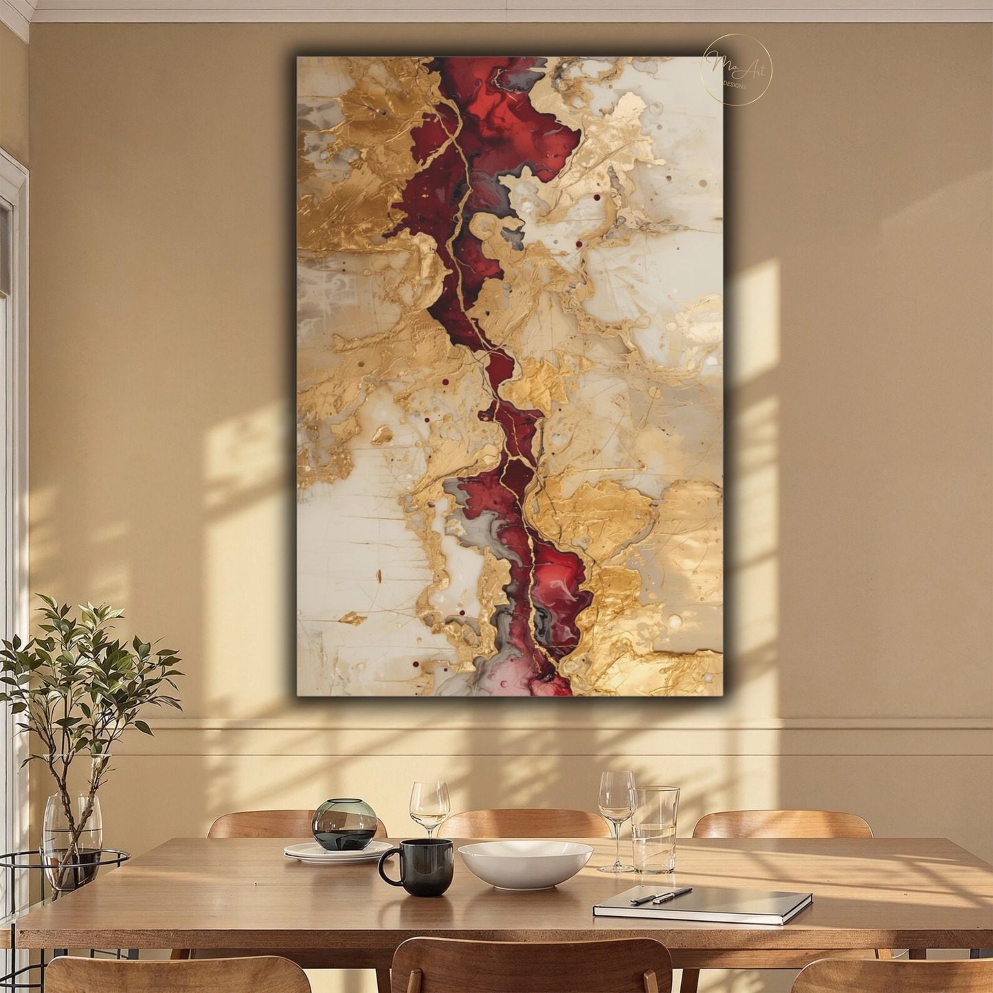 Crimson Rift – Abstract Gold Burgundy & Cream Wall Art - Vertical Canvas Print