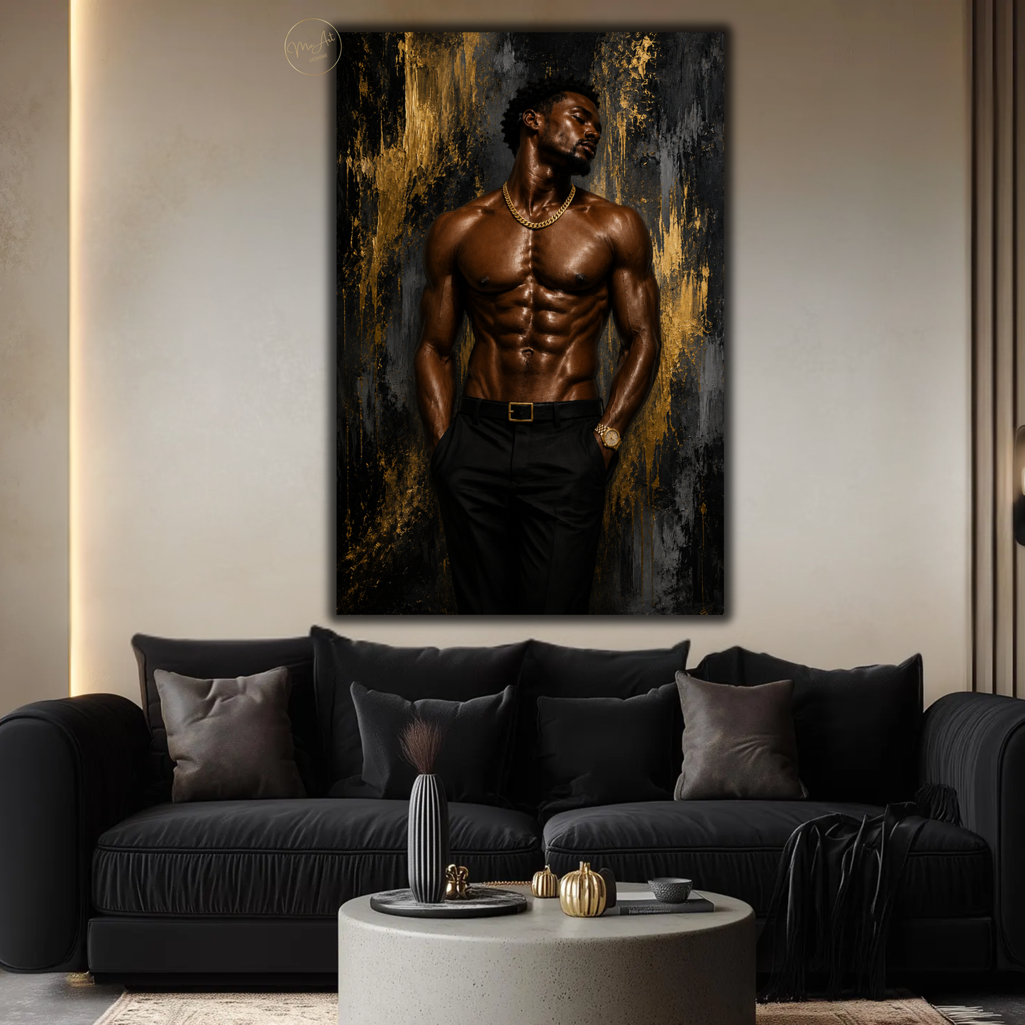 Black Man Wall Art – Sensual Black & Gold Abstract Canvas Print | Modern Masculine Decor