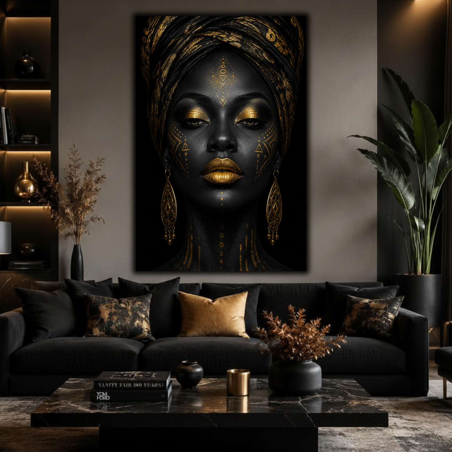 Black Woman Wall Art – Abstract Afrocentric Canvas Print | Black & Gold Wall Decor