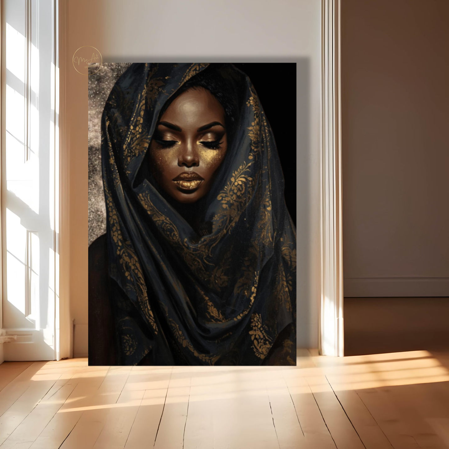 Black Woman Wall Art – Golden Veil Queen | Black & Gold Afrocentric Canvas Print