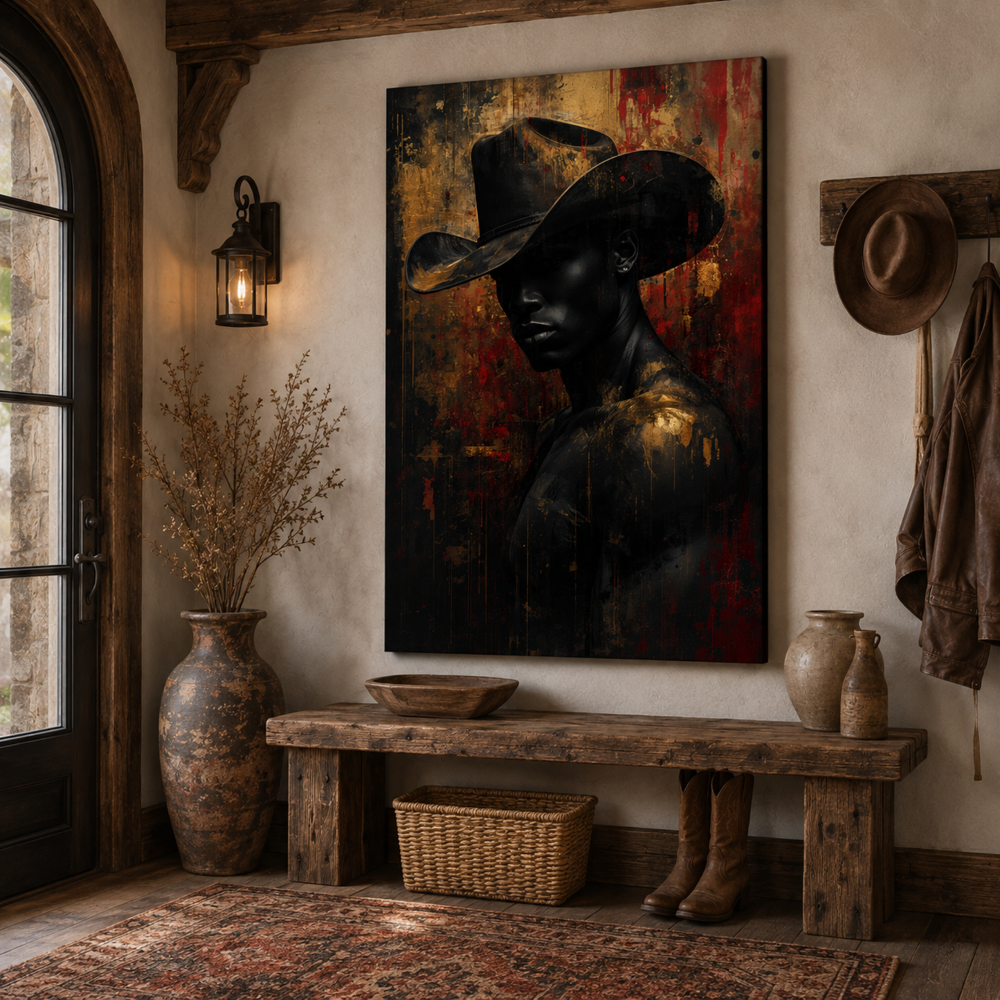 Black Man Wall Art – African American Cowboy Canvas Print | Abstract Black, Gold & Red Wall Art