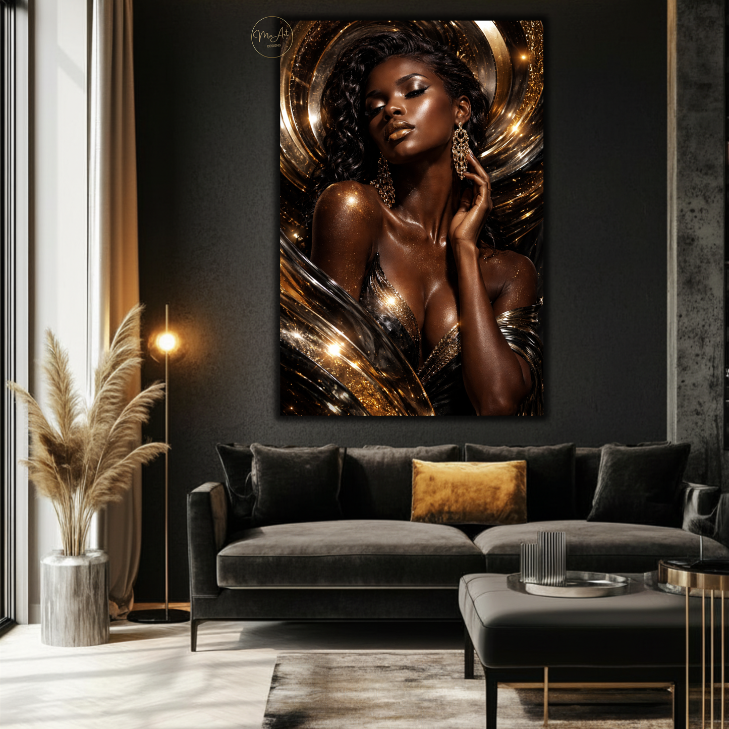 Black Woman Wall Art – Seductive Afrocentric Gold & Black Abstract Canvas Print | Elegant Luxury Home Decor