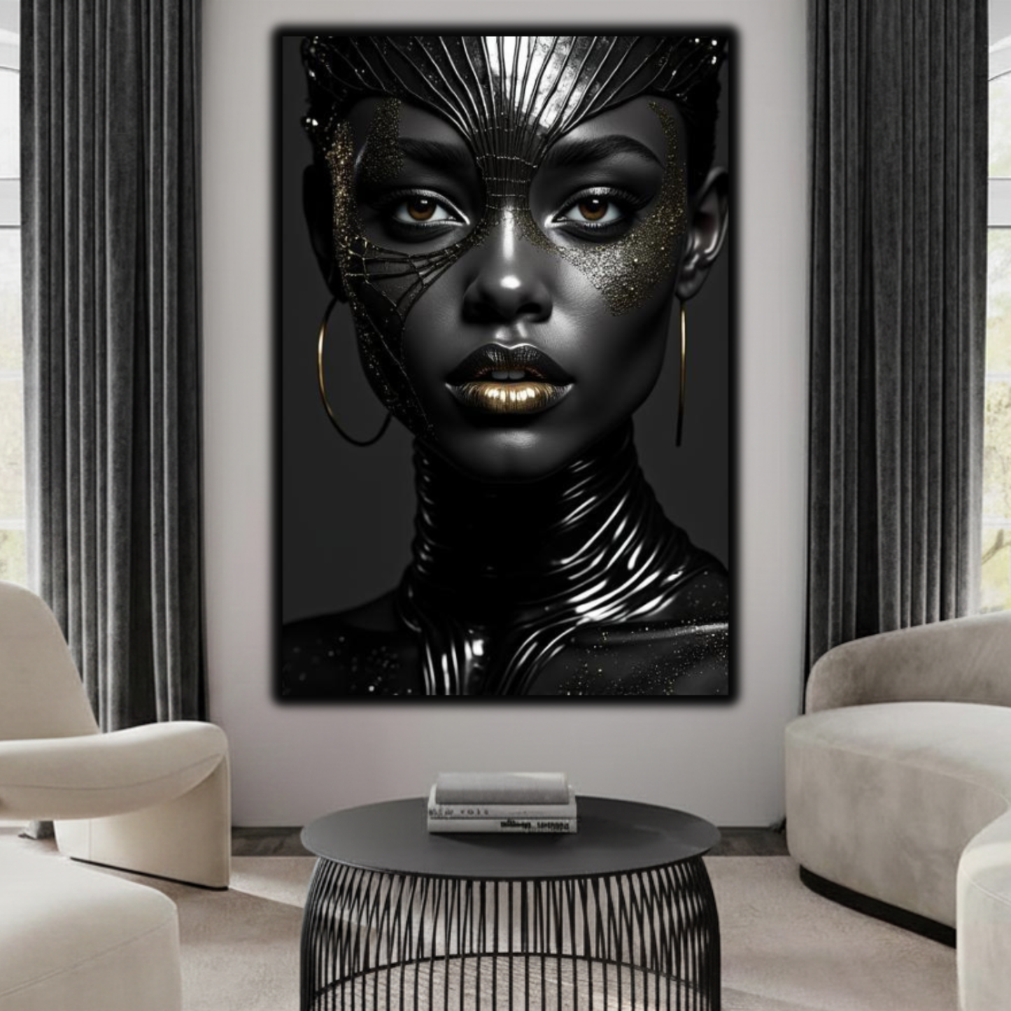 Black Woman Wall Art – High Fashion Afrocentric Gold & Black Canvas Print