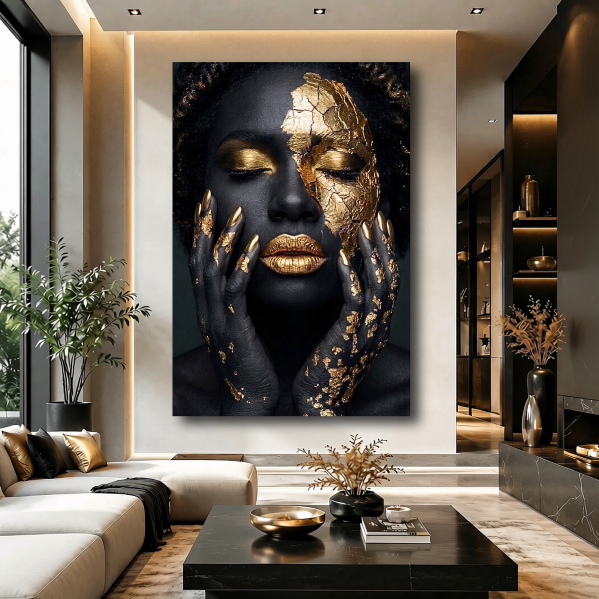 Black Woman Wall Art – Fractured Gold | Afrocentric Black & Gold Cracked Gold Leaf Canvas Print