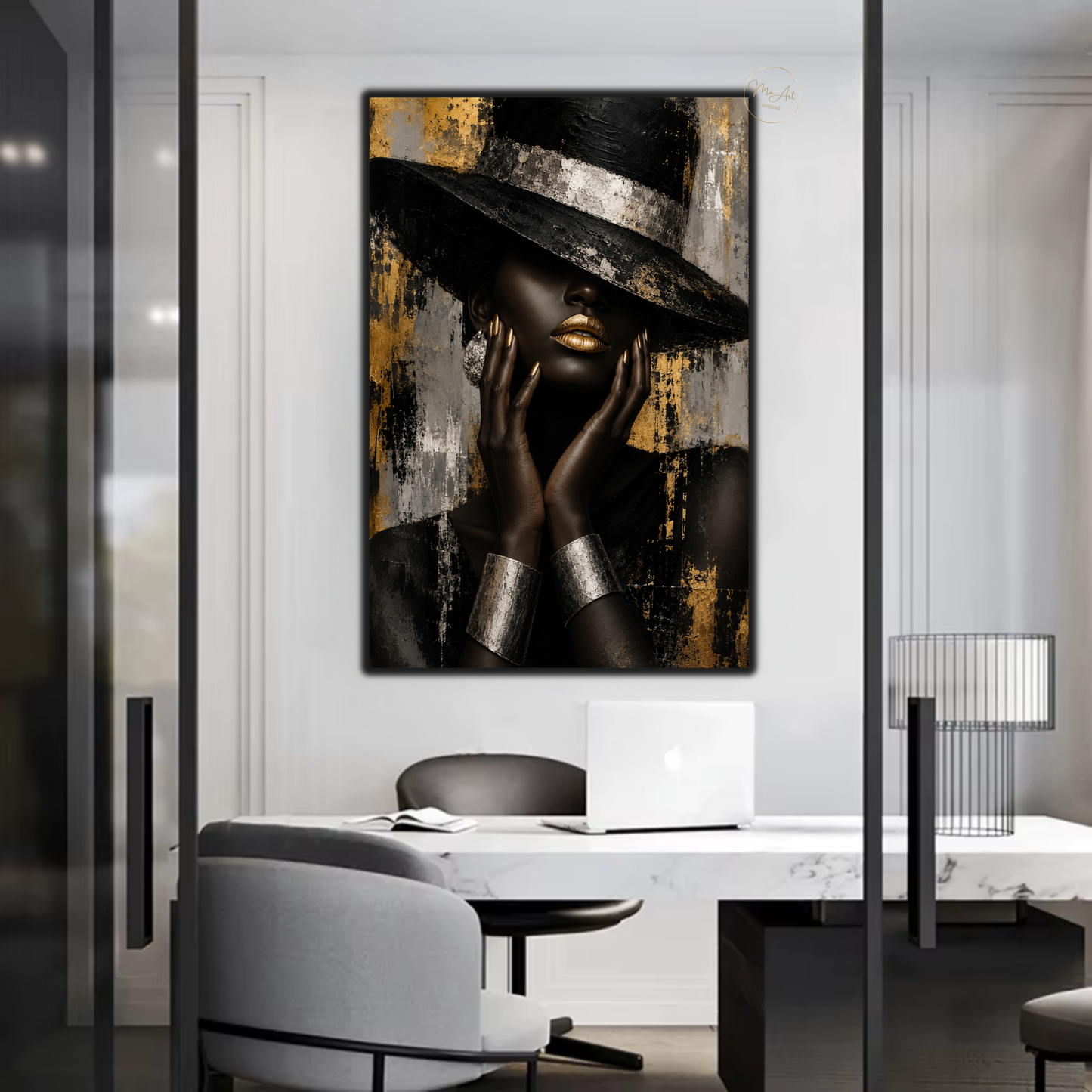 Black Woman Wall Art – Glamorous Black, Gold & Silver Abstract Canvas Print