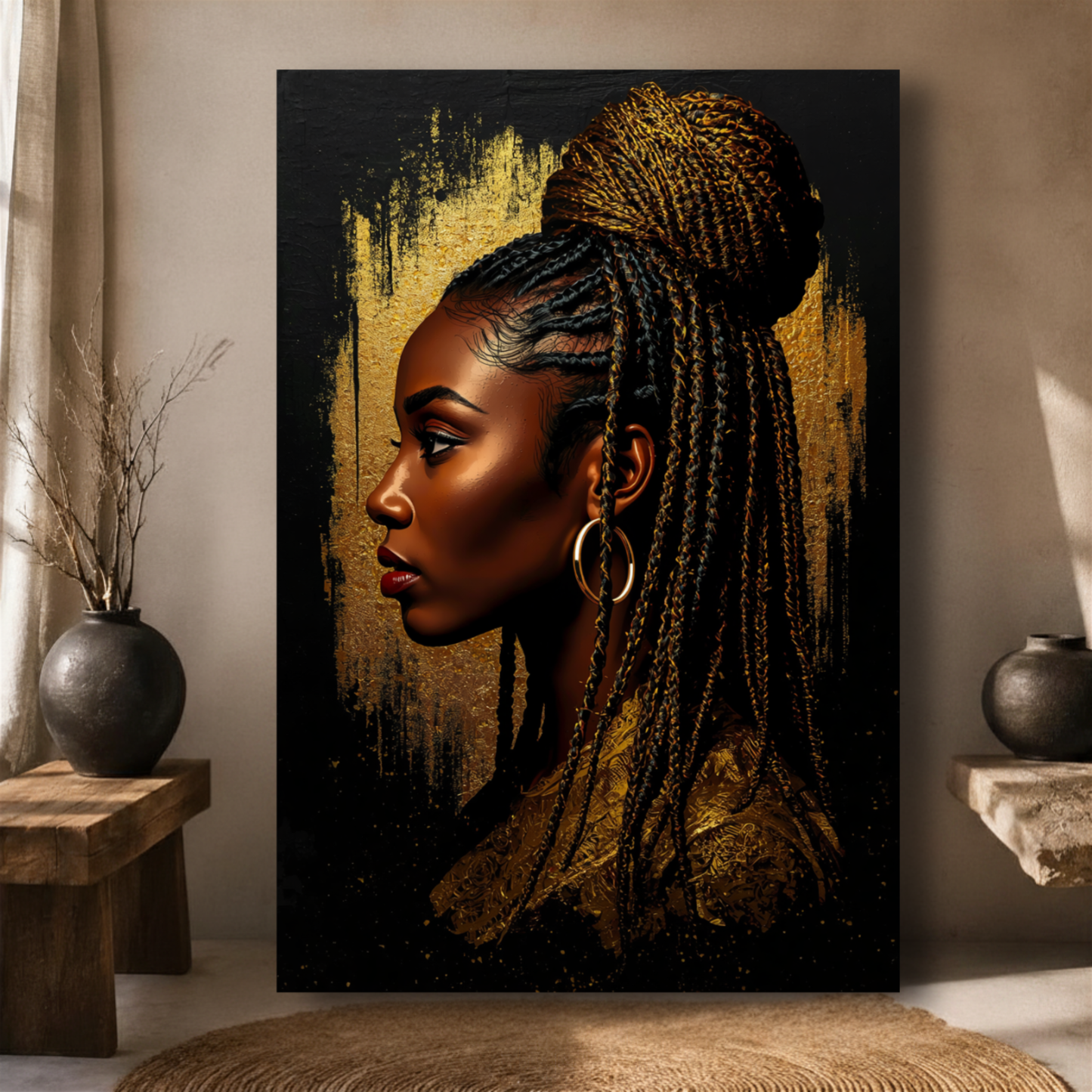 Black Woman Wall Art – Braided Afrocentric Queen in Black & Gold Canvas Print | Luxury African American Decor