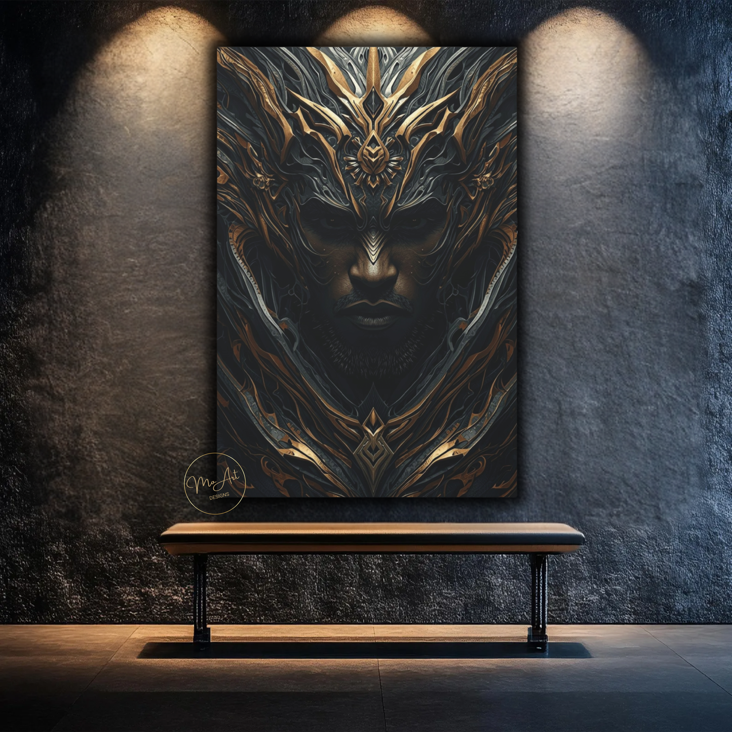 Black Warrior Abstract Art – Divine Sentinel | Black & Gold Afrocentric Wall Art / Canvas Print