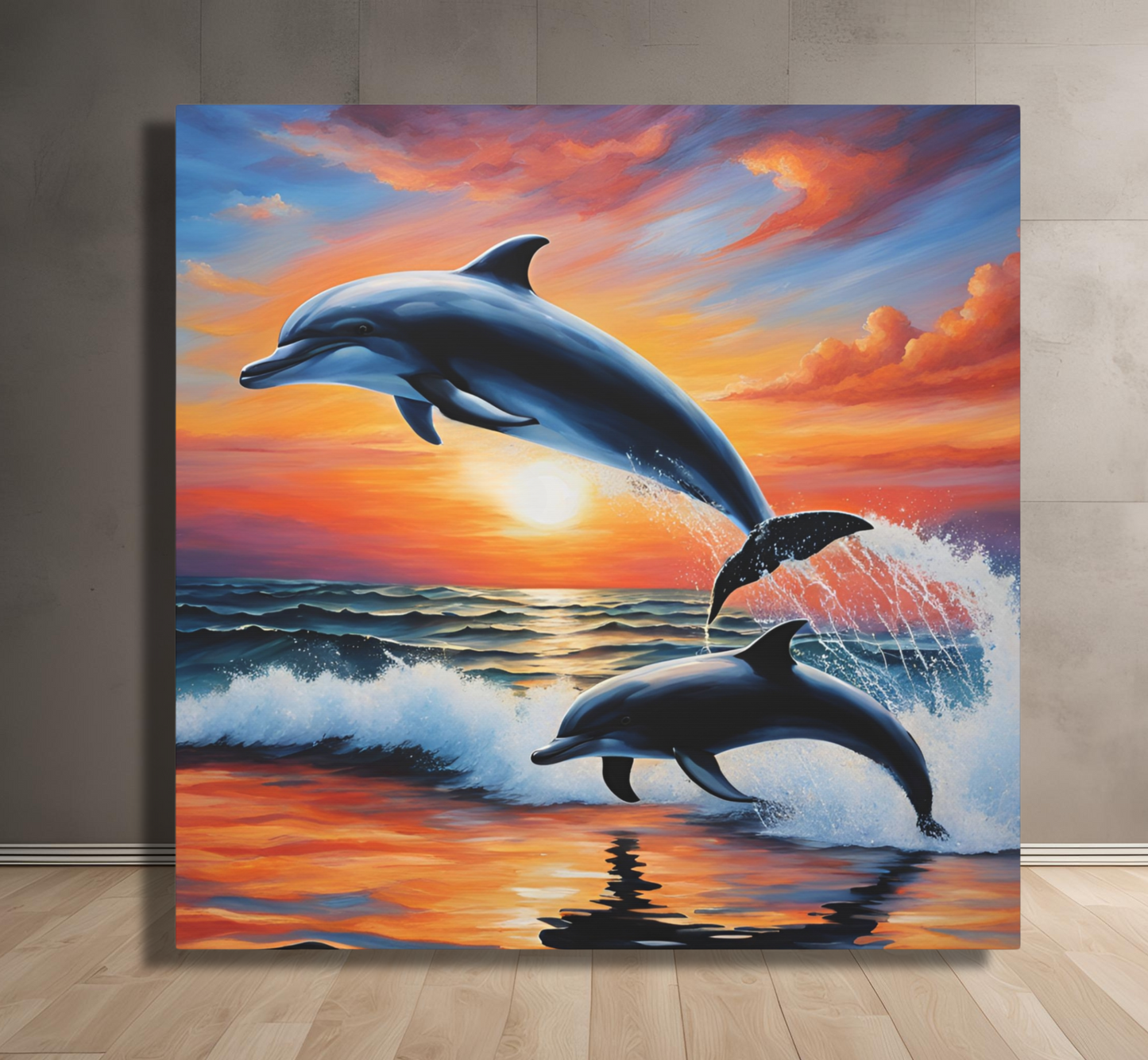 Dolphin Mother with Calf at Sunset - Canvas Wall Art