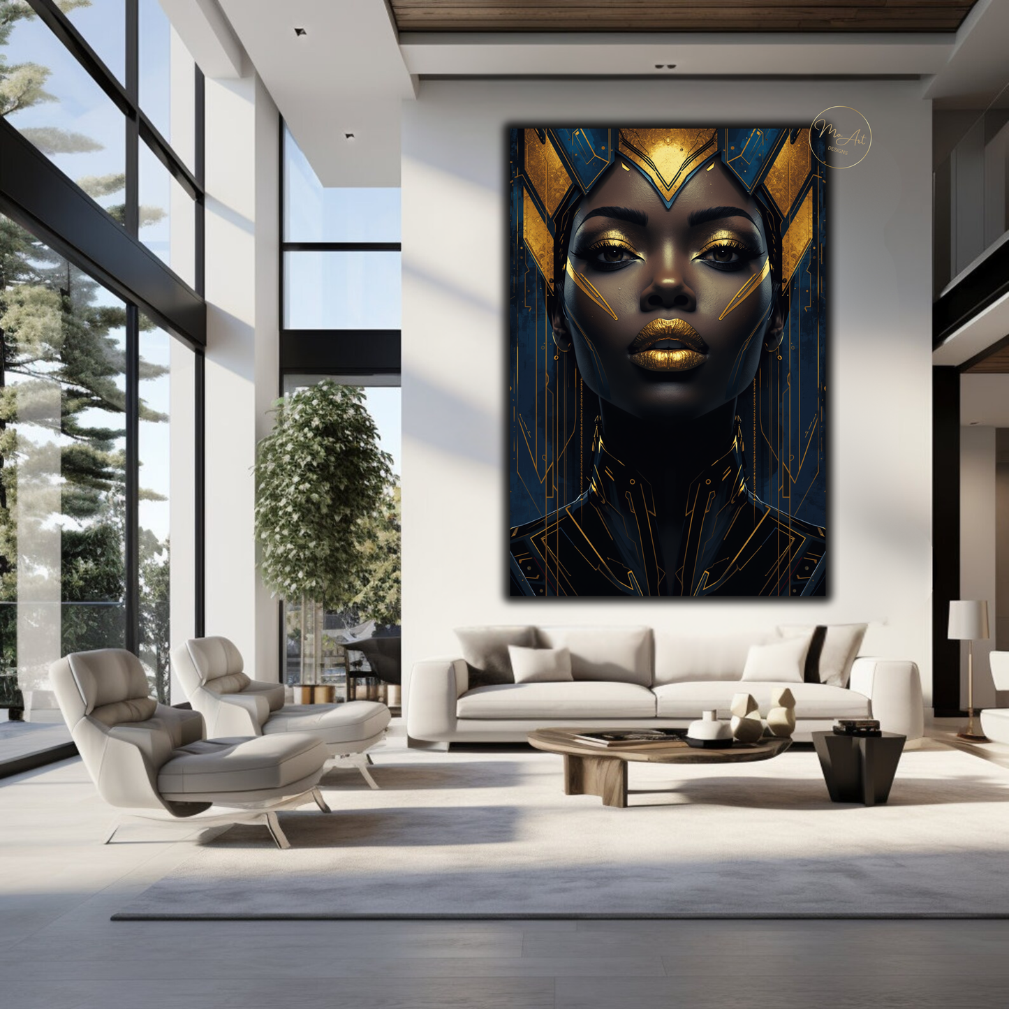 Black Woman Wall Art – Blue & Gold Afrocentric Queen Canvas Print