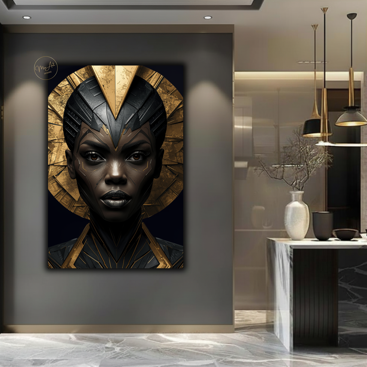 Black Woman Wall Art – Bold African Warrior Goddess | Premium Black & Gold Canvas Print