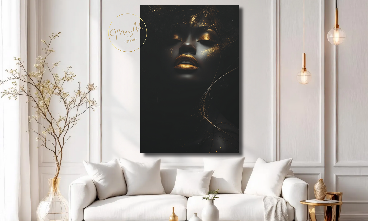 Black Woman with Gold Lips – Luxury Canvas Wall Art