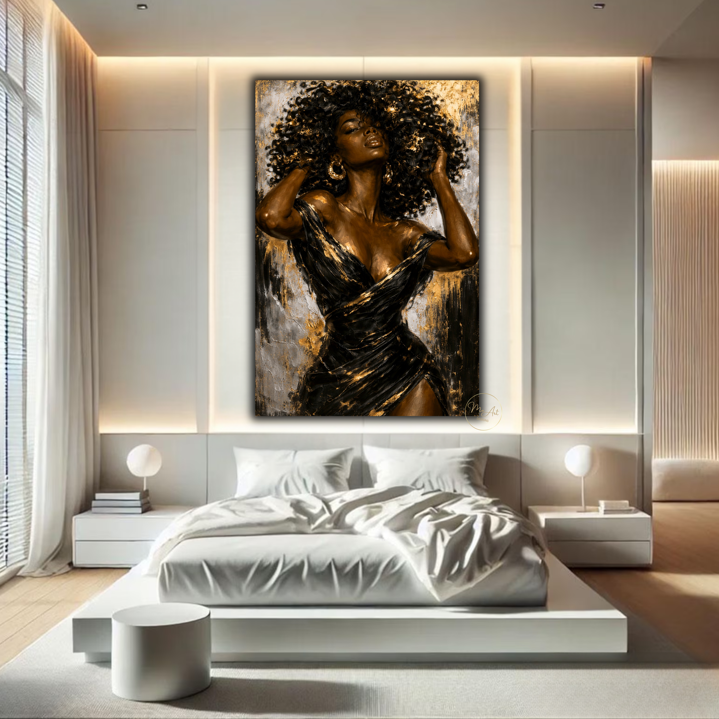 Black Woman Wall Art – Sensual Afrocentric Black, Gold & Silver Abstract Canvas Print