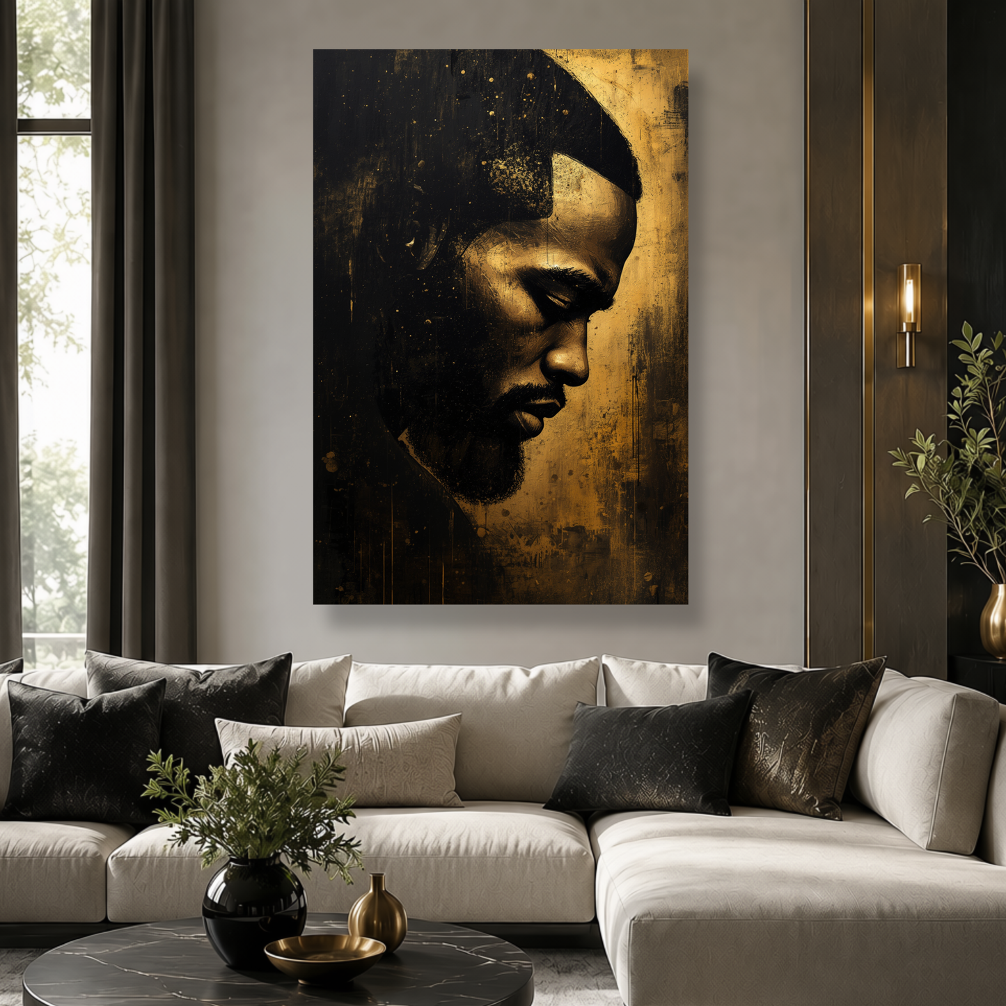 Black Man Wall Art Abstract Portrait | Black and Gold Canvas Print | African American Male Art  Modern Home Decor