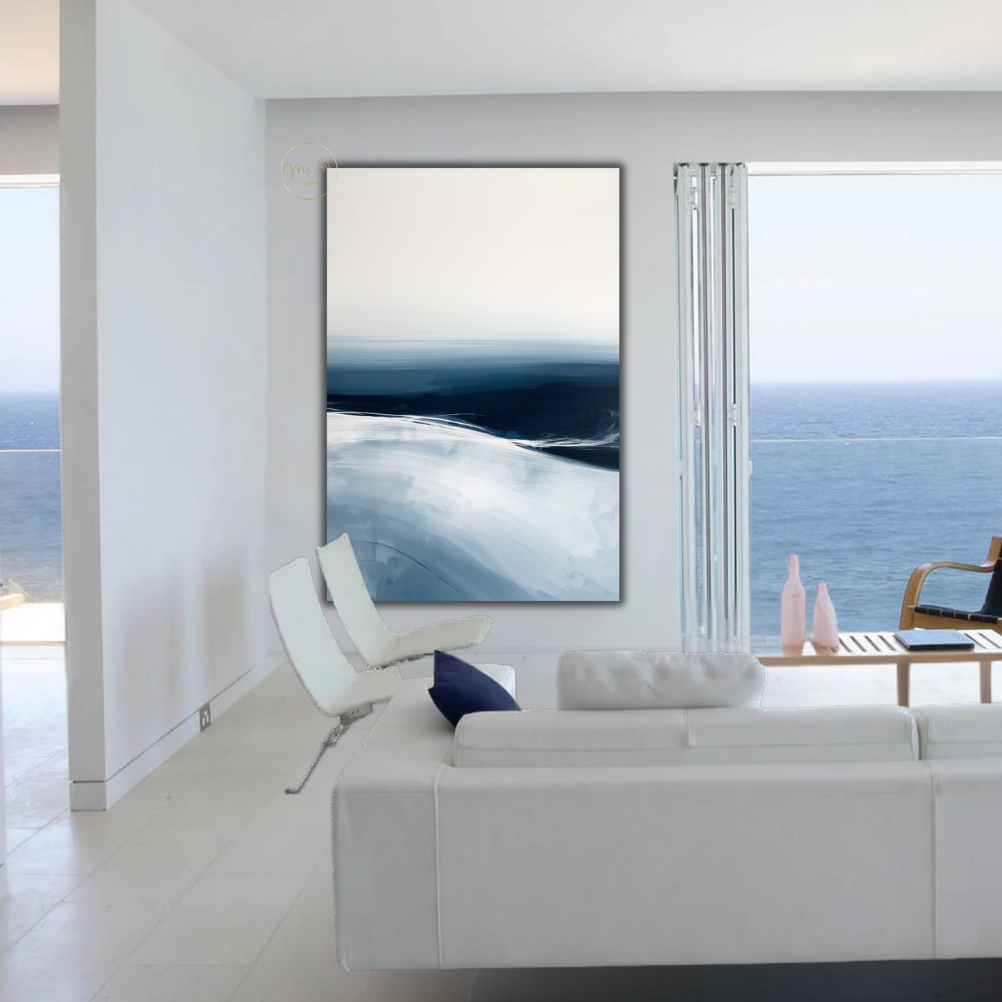 Blue Ocean Abstract Wall Art – Minimalist Coastal Canvas Print in Navy & White