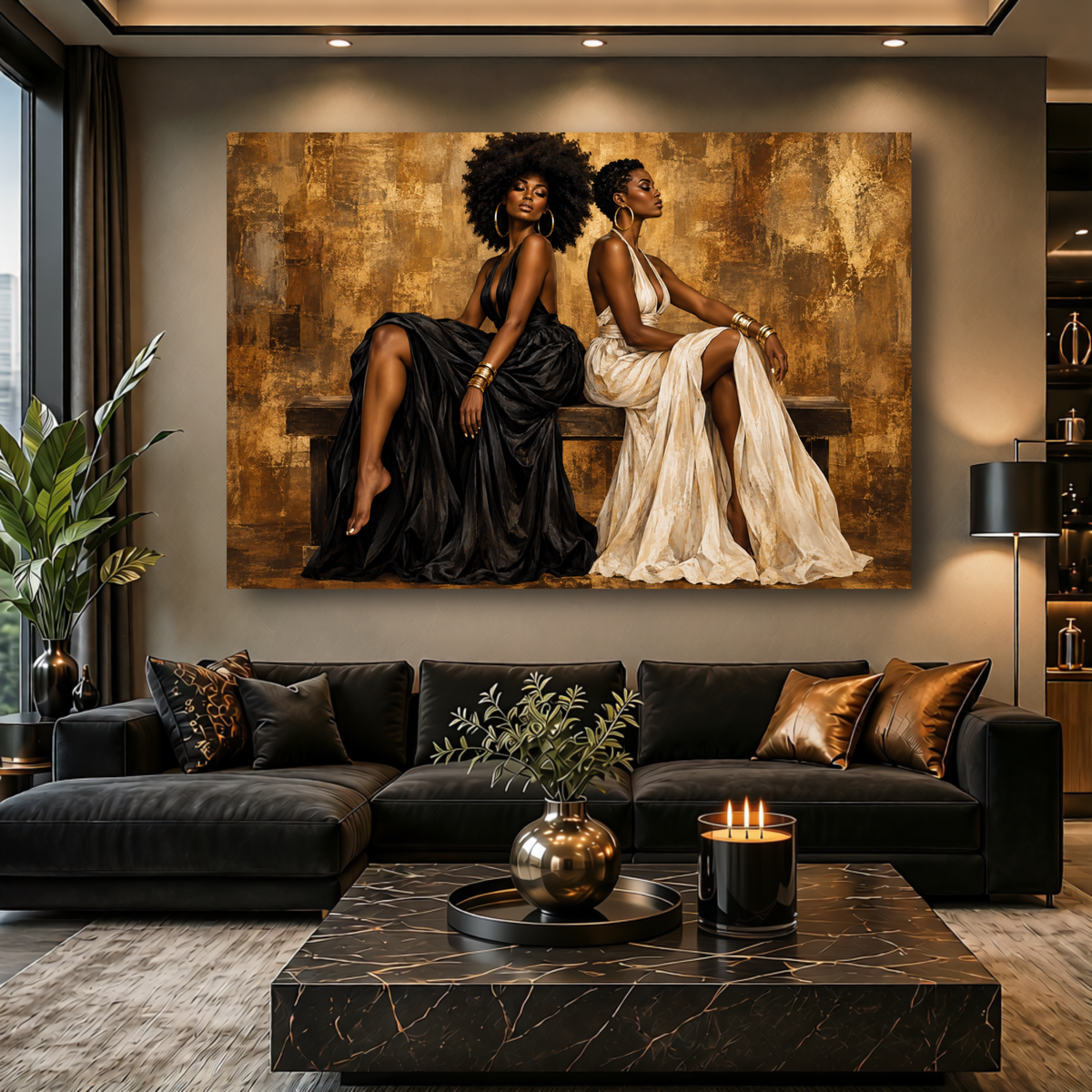 Black Women Wall Art – Essence of Sisterhood | Afrocentric Black & Gold Canvas Print