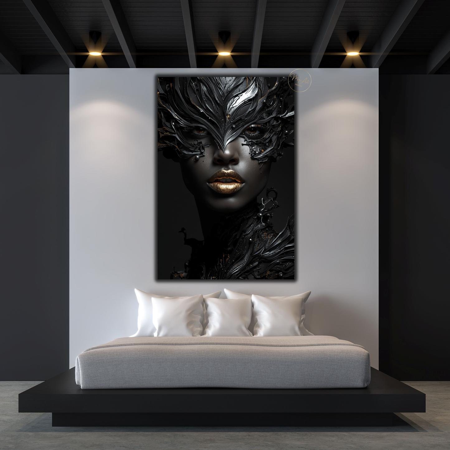 Afrocentric Black Woman Wall Art – Modern Black, Silver & Gold Abstract Canvas Print