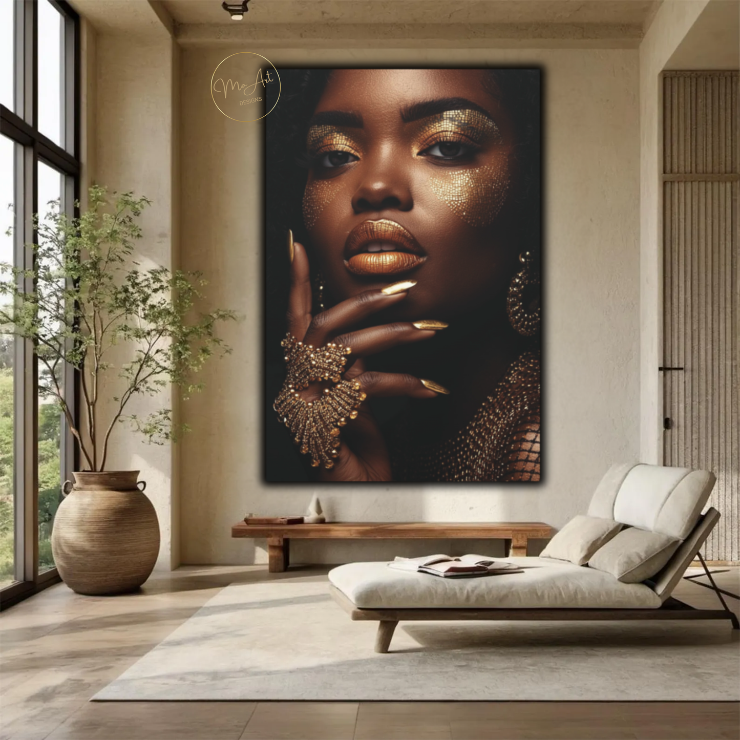 Black Woman Wall Art – Divine Glamour in Gold | Luxury Black & Gold Canvas Print