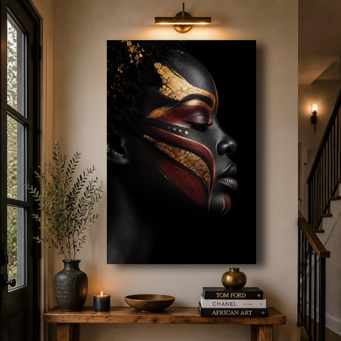 Black Woman Wall Art – Abstract Black, Gold & Burgundy Canvas Print | Luxury Afrocentric Wall Decor