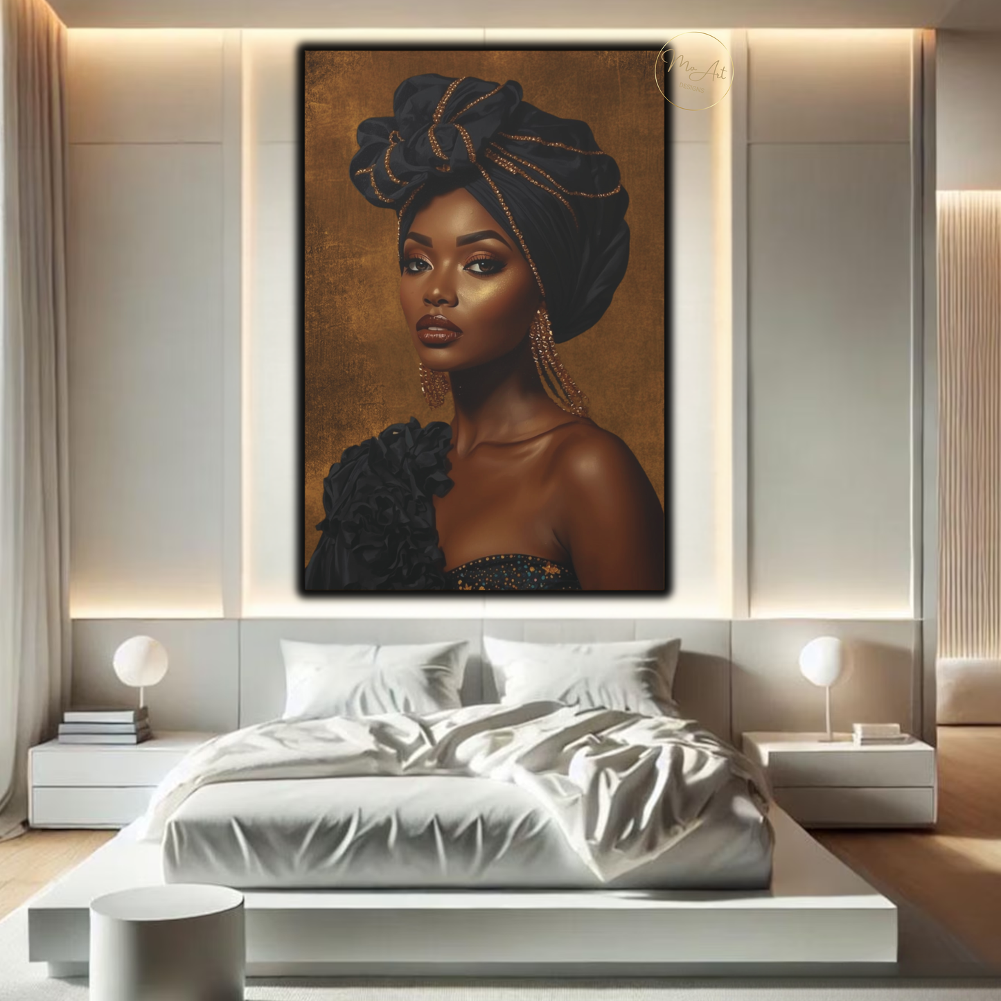 Black Woman Wall Art – Exquisite Beauty in Black & Gold Afrocentric Luxury Canvas Print