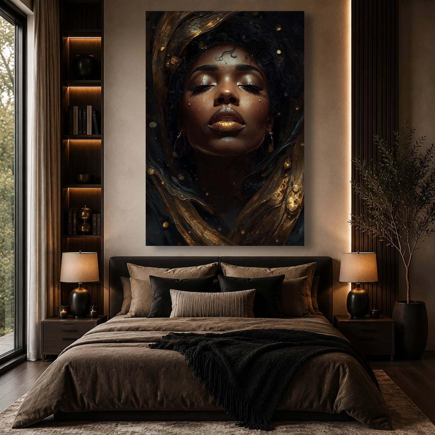 Black Woman Wall Art - Black & Gold Afrocentric Abstract Canvas Print
