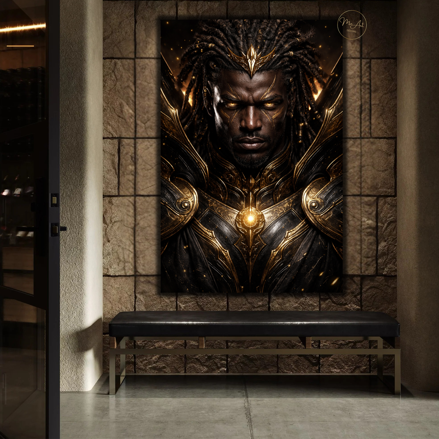 Black Warrior Wall Art – Powerful Afrocentric King in Black & Gold Armor Canvas Print