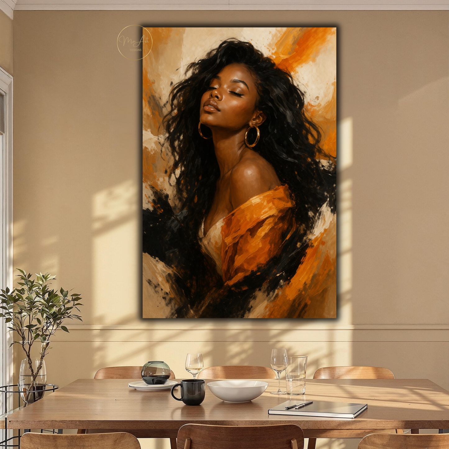 Black Woman Wall Art – Elegant Afrocentric Orange & Beige Abstract Canvas Print