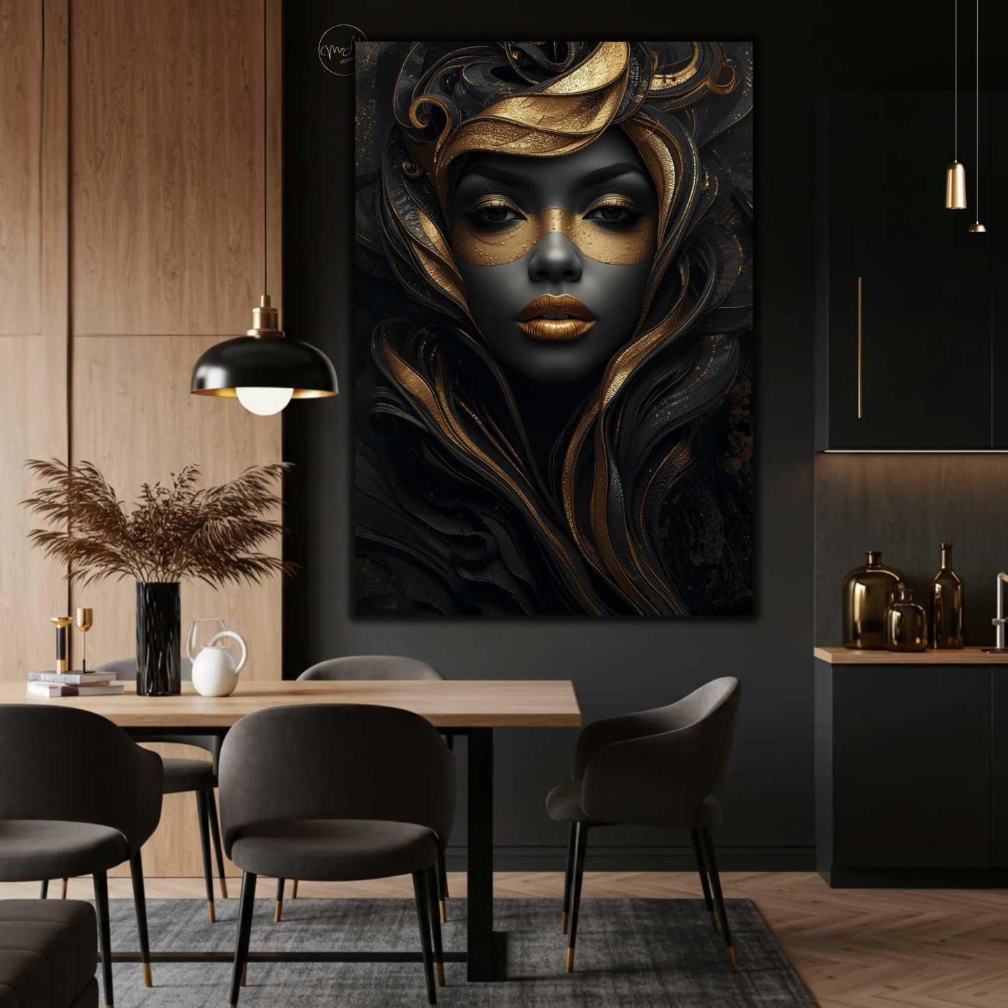 Black Woman Wall Art – Mysterious Black & Gold Afrocentric Canvas Print