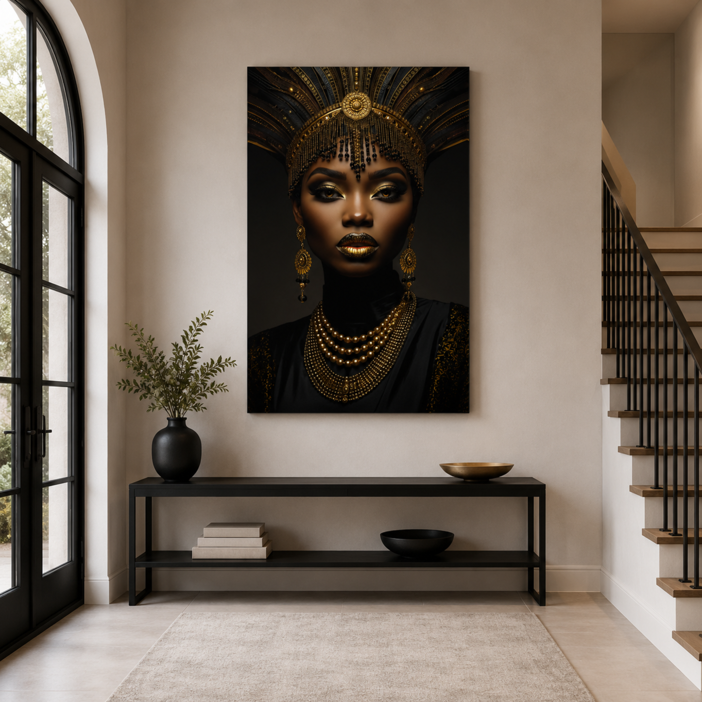 Black Woman Wall Art – African Queen Portrait Black & Gold Canvas Print | Afrocentric Luxury Wall Decor