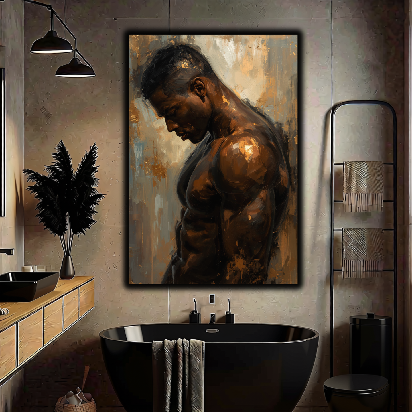 Black Man Wall Art – Sensual Afrocentric Canvas Print  | Modern Black & Gold Masculine Artwork