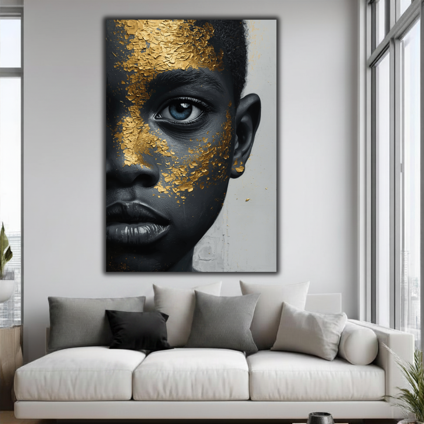 African American Wall Art – Black Boy with Blue Eyes Black & Gold Canvas Print | Luxury Afrocentric Decor