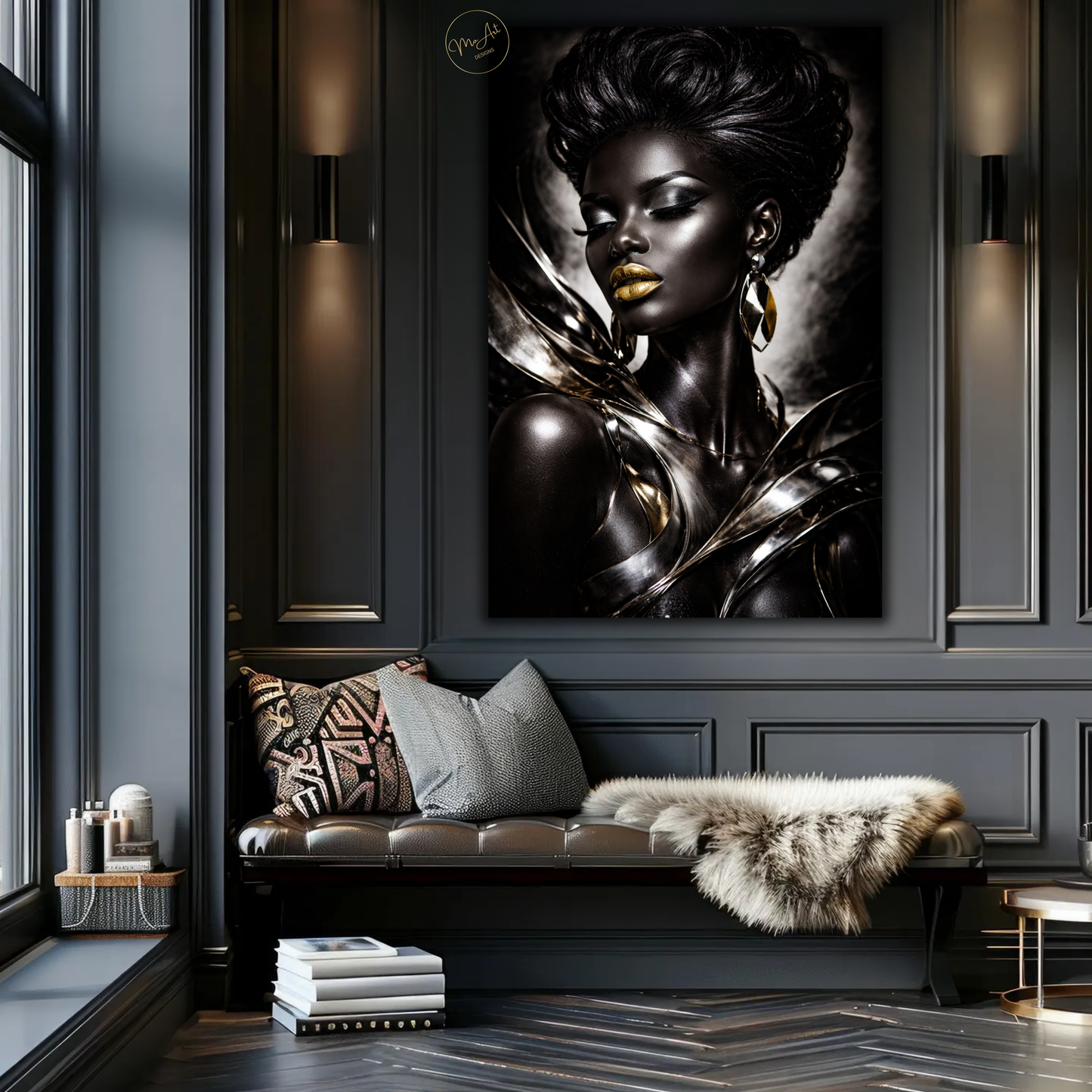 Black Woman Wall Art – Elegant Afrocentric Black & Silver Abstract Canvas Print