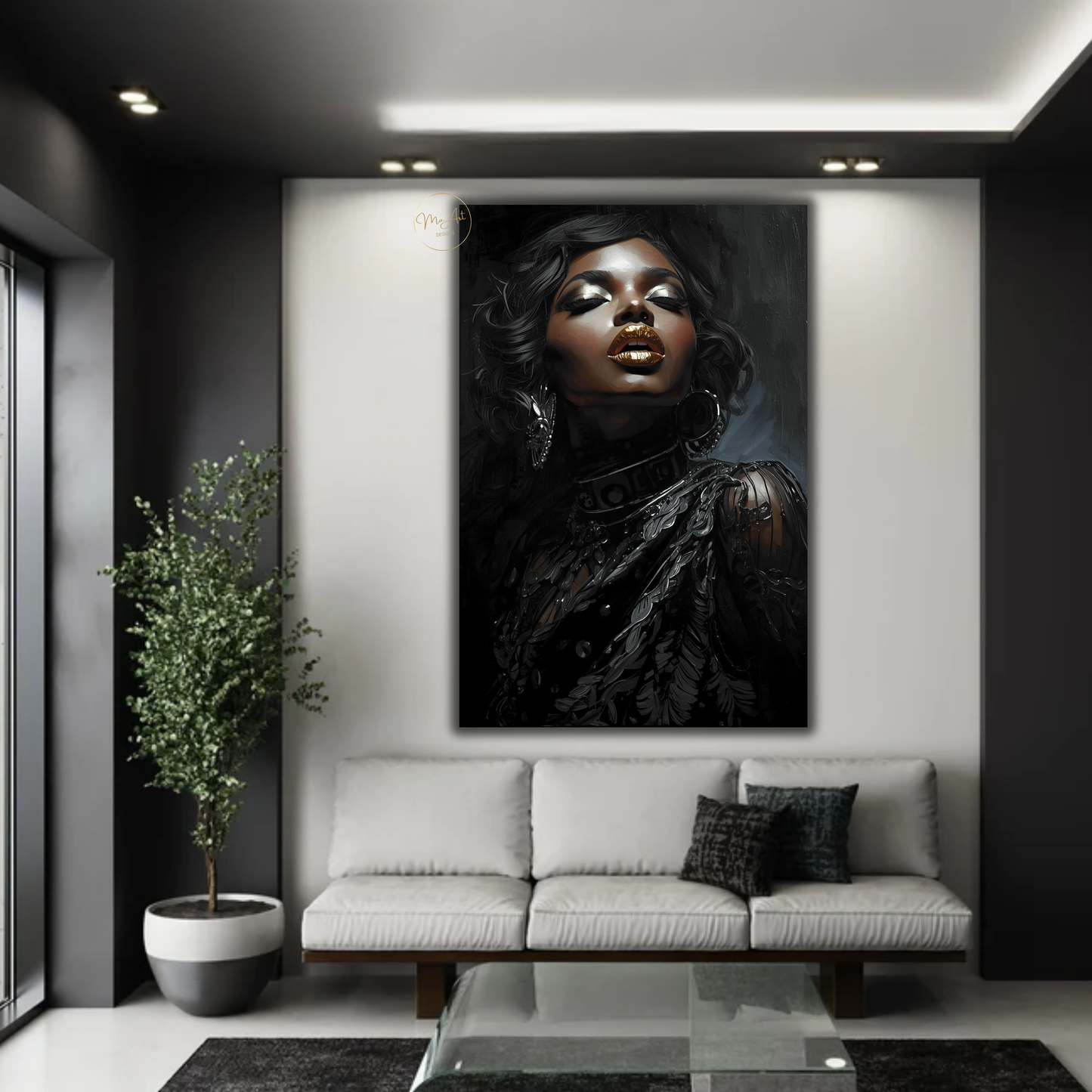 Black Woman Wall Art with Gold Lips – Elegant Afrocentric Canvas Print for Luxury Decor