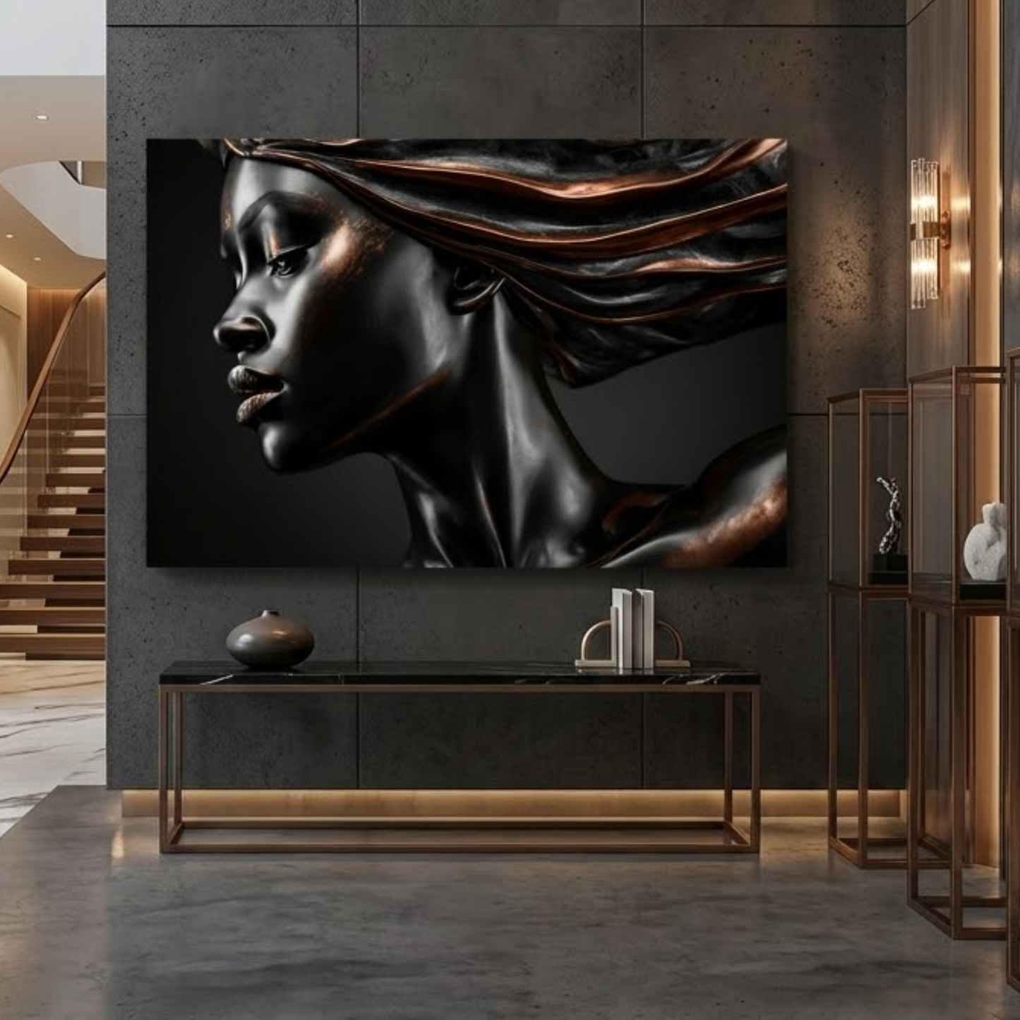 Black Woman Wall Art – Afrocentric Black & Copper Abstract Canvas Print | Modern Luxury Decor