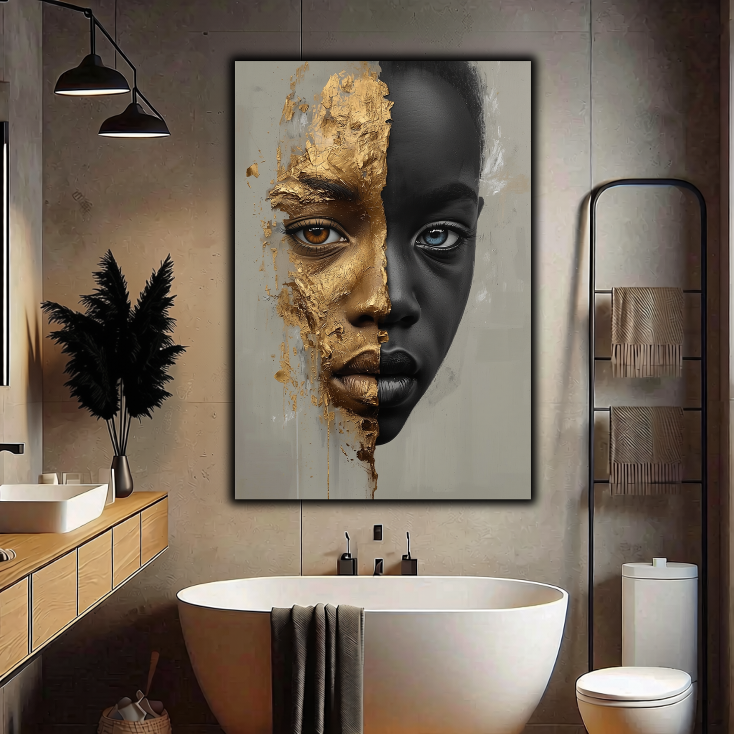 African American Child Wall Art – Black & Gold Abstract Portrait | Afrocentric Luxury Canvas Print