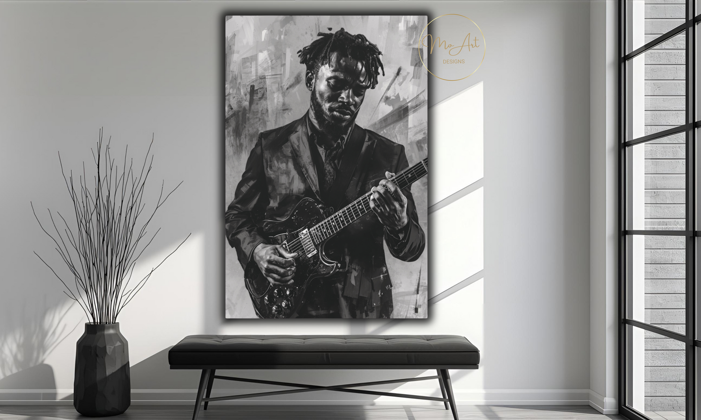 Soulful Strings - Black Guitarist - Canvas Wall Art