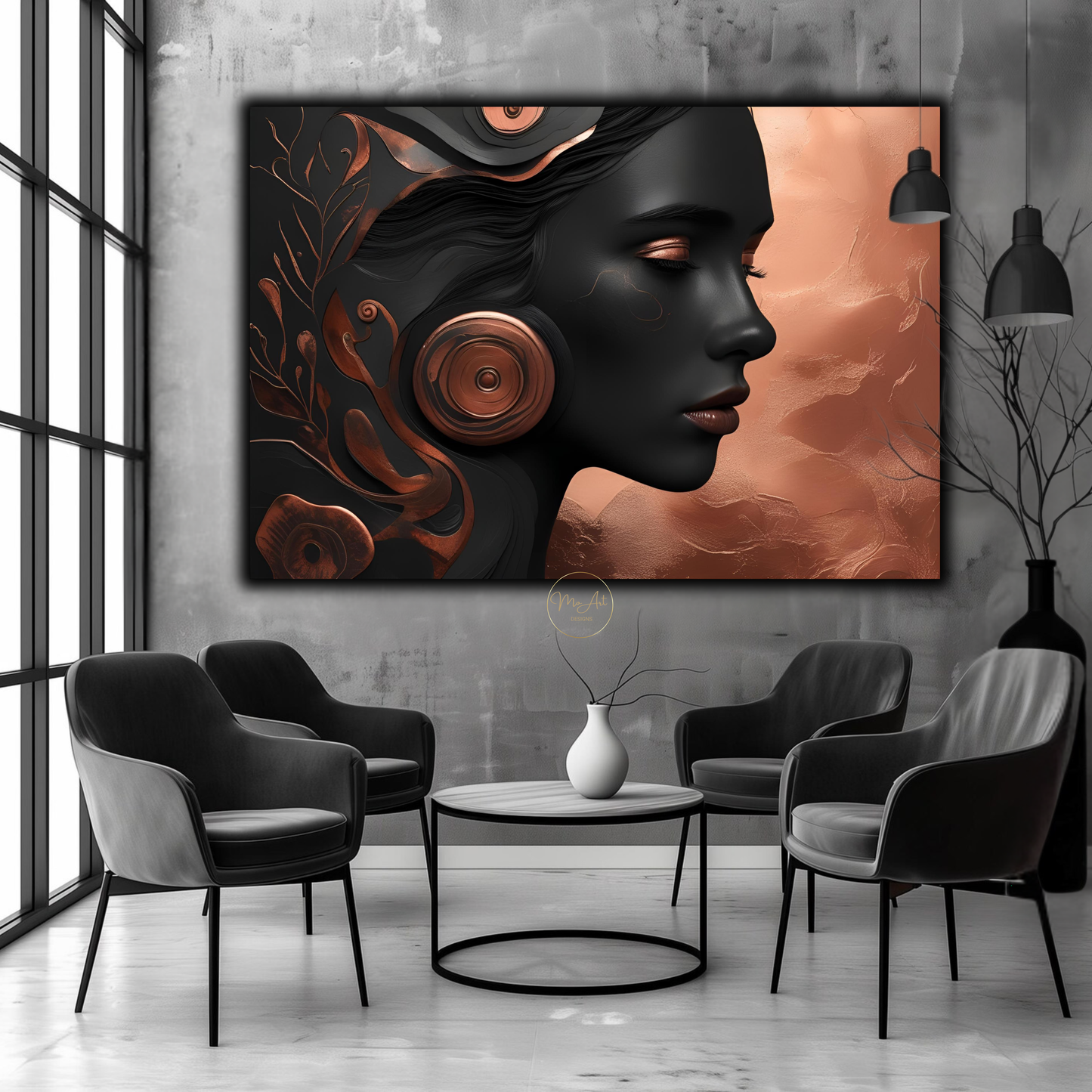Black Woman Wall Art – Luxury Black & Copper Abstract Afrocentric Canvas Print