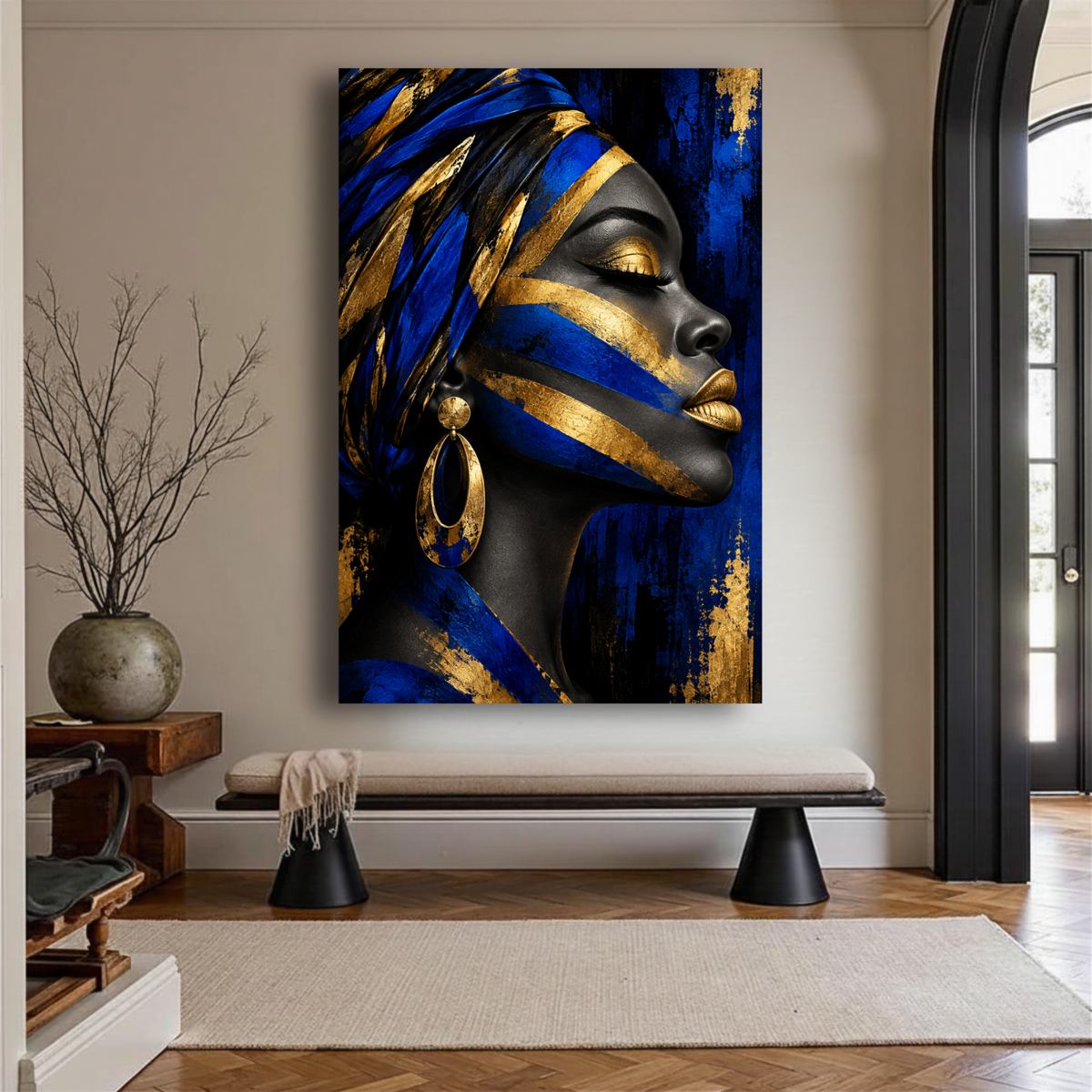 Black Woman Wall Art - Afrocentric Blue, Black & Gold Canvas Print | Luxury Home Decor