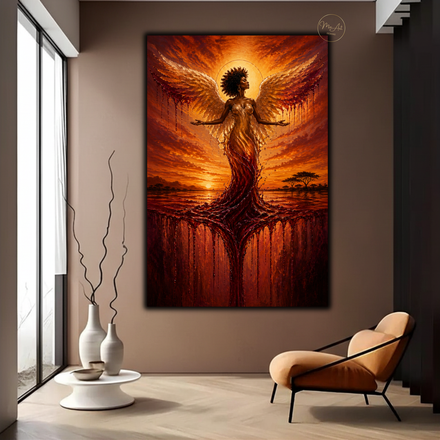 Black Woman Wall Art – Divine Angel at Sunset | Afrocentric Abstract Canvas Print