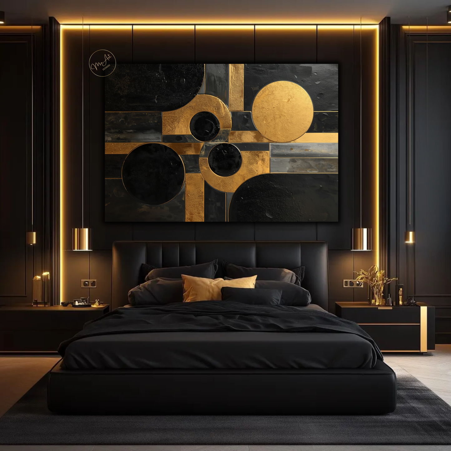 Black & Gold Geometric Abstract Wall Art – Luxury Modern Circle & Square Canvas Print