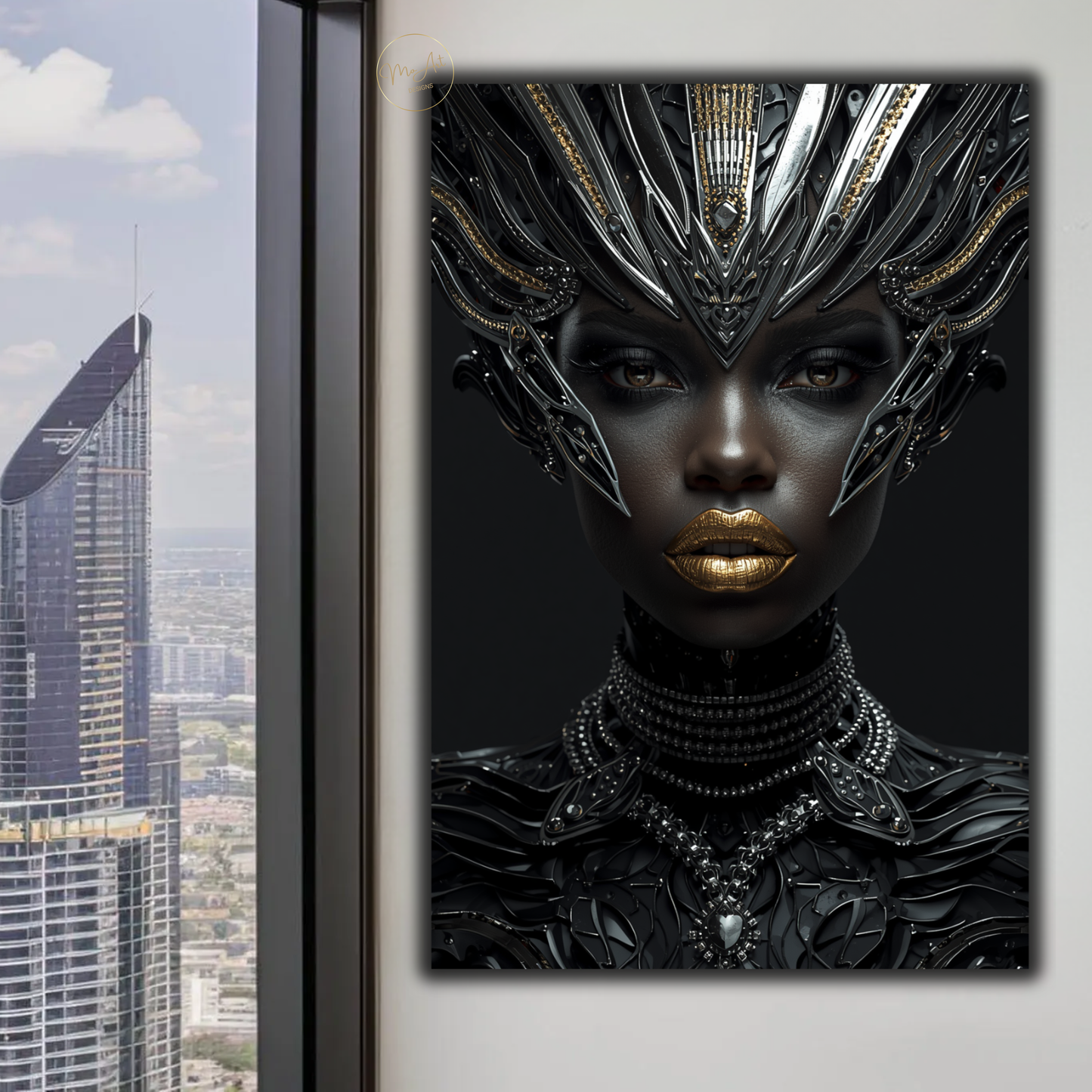 Black Woman Wall Art – Futuristic Afrocentric Warrior Queen / Black & Gold Canvas Print