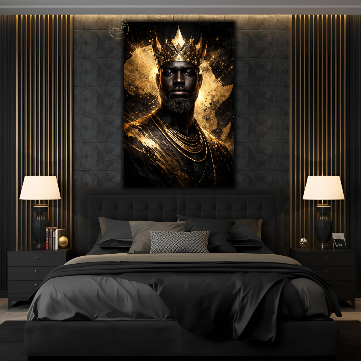 Black King Wall Art – African Royalty Gold Crown Canvas Print for Modern Luxury Decor