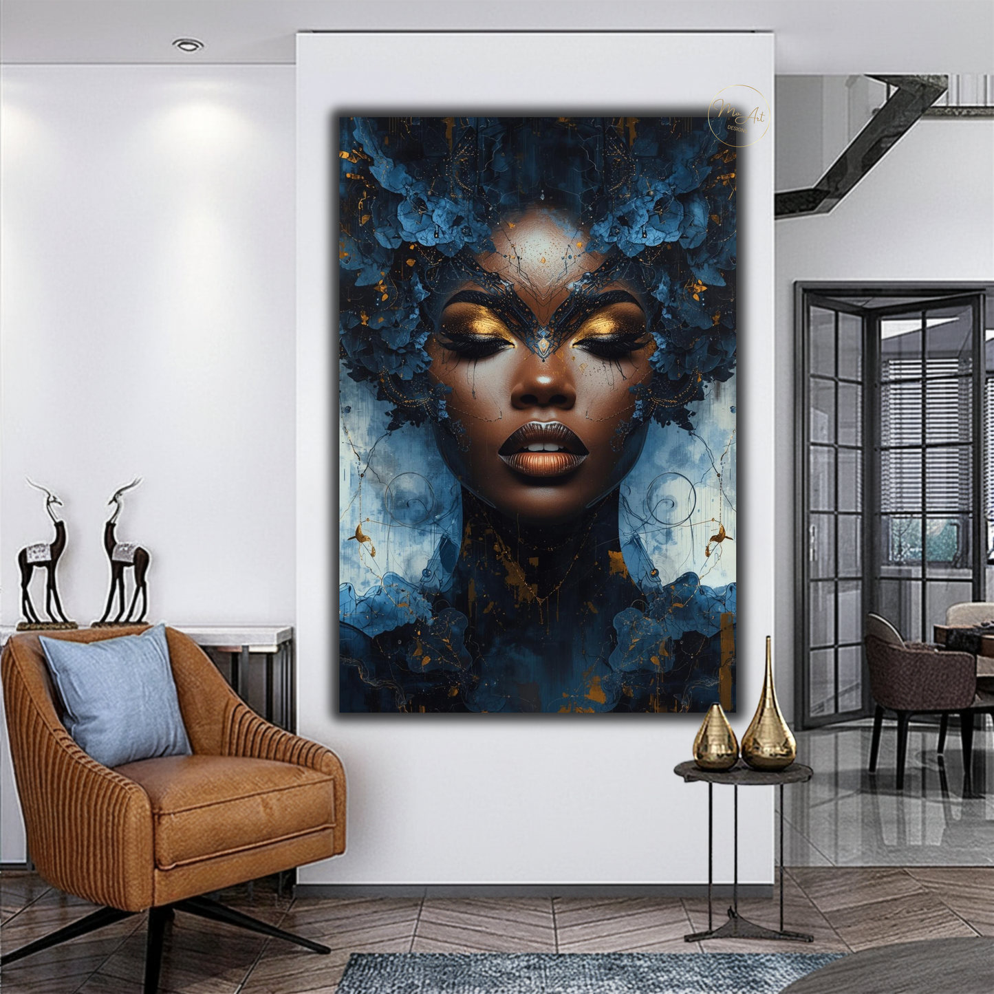 Afrocentric Black Woman Wall Art – Blue and Gold Abstract Canvas Print