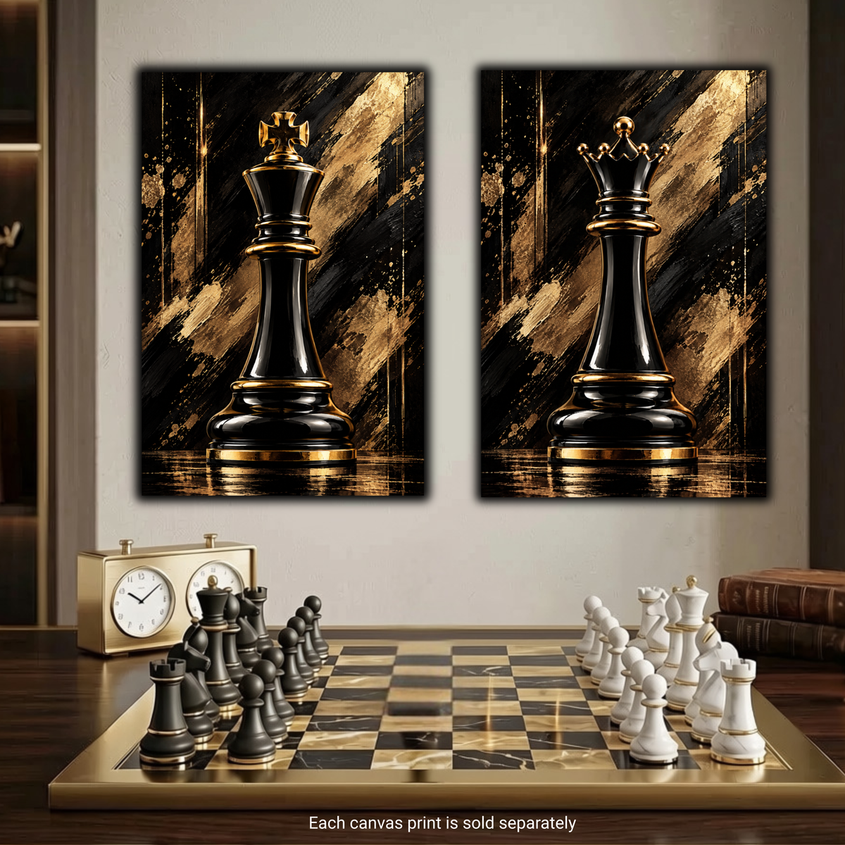 Black & Gold Queen Chess Piece Wall Art | Luxury Abstract Chess Canvas Print