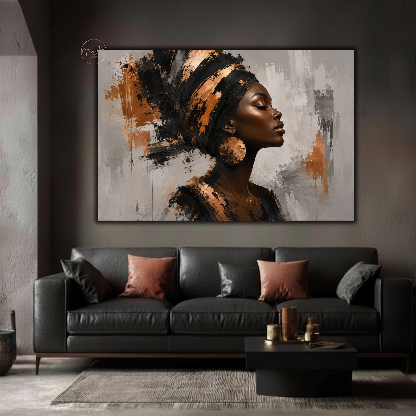 Black Woman Wall Art – Opulent Black & Copper Afrocentric Abstract Canvas Print