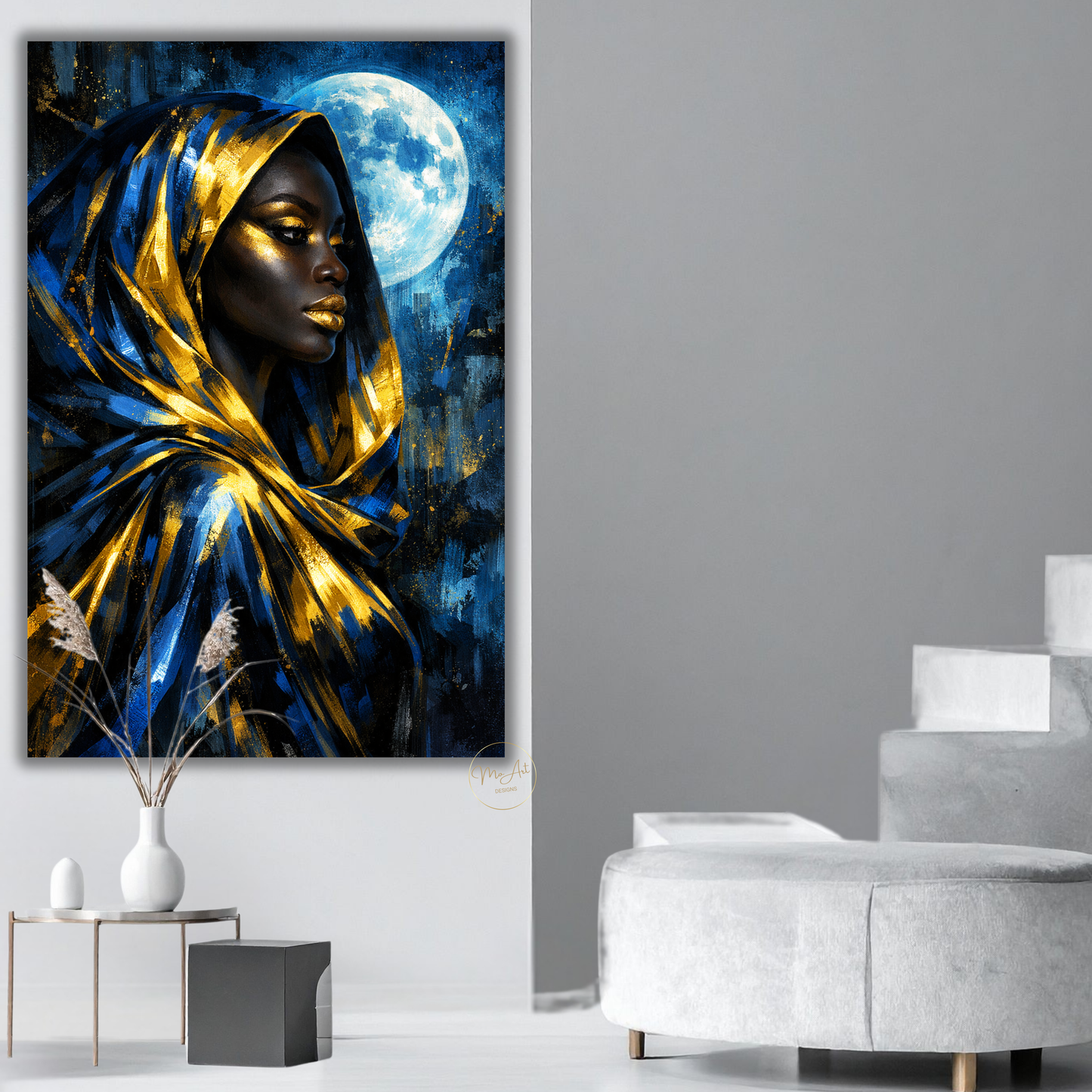 Black Woman Wall Art – Blue & Gold Afrocentric Moon Goddess Canvas Print
