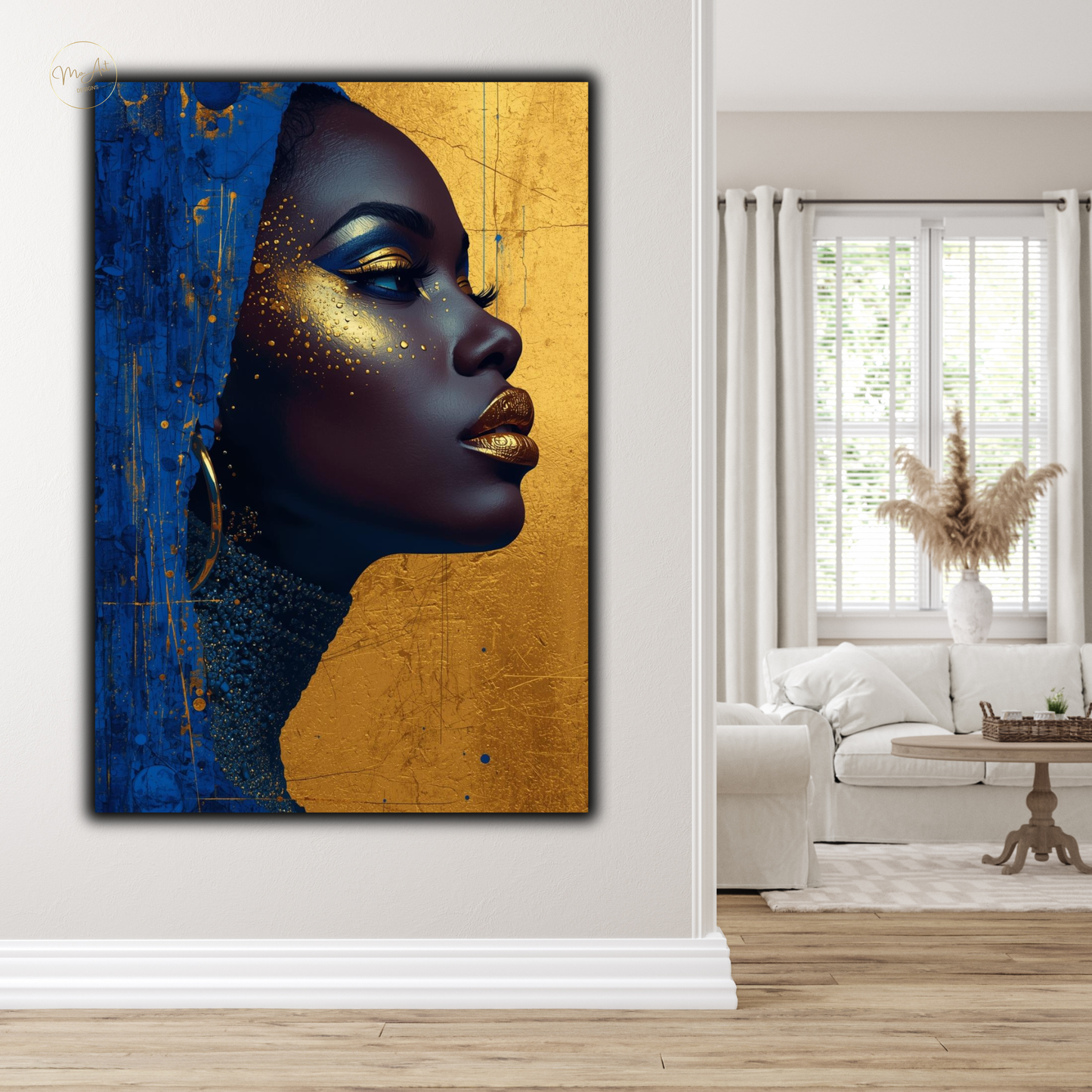 Black Woman Wall Art – Royal Blue & Gold Abstract Afrocentric Beauty Canvas Print