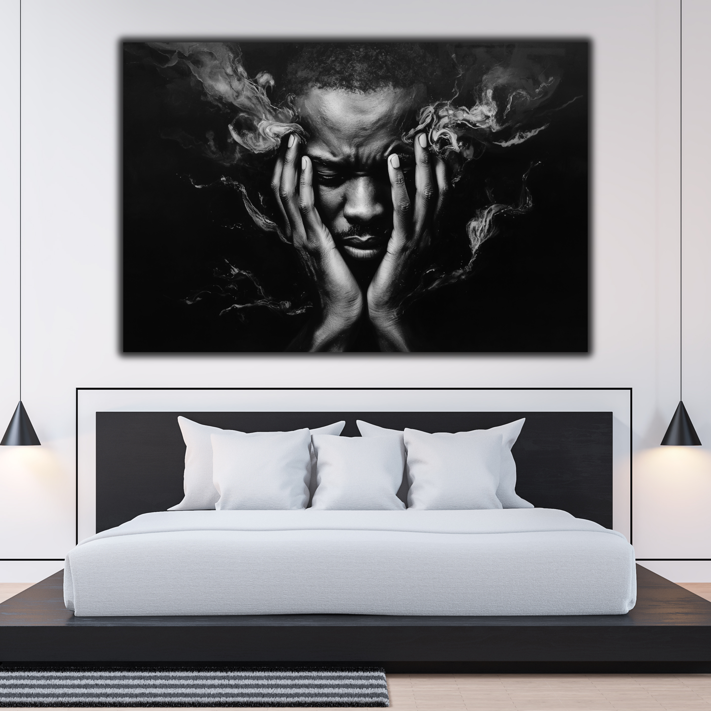 Black Man Wall Art – Abstract Emotional Portrait Canvas Print | Black & White Modern Wall Decor