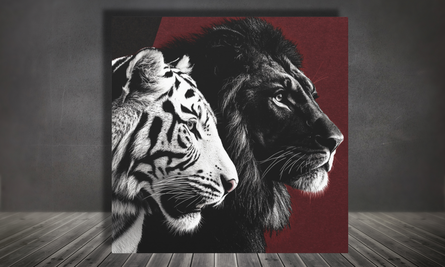 Black and White Lion and Tiger Heads Canvas Art