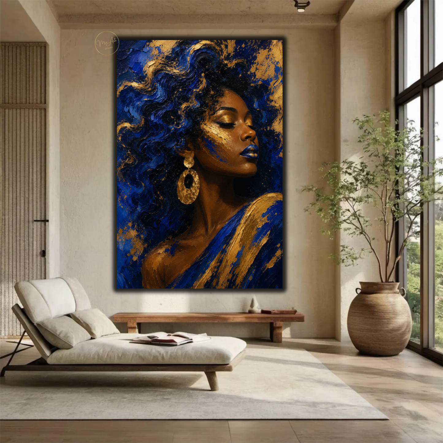Black Woman Wall Art – Royal Blue & Gold Afrocentric Canvas Print | Abstract African American Woman Art